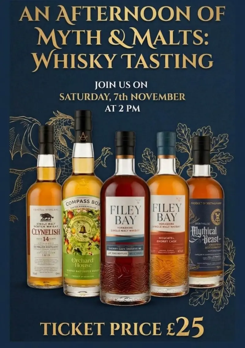 An Afternoon of Myth & Malts Whisky Tasting 2 pm Saturday 7th November